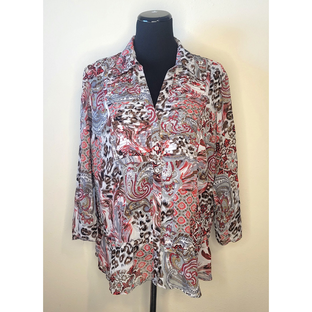Women's Sheer Paisley Animal Print 2X Ruffle Blouse 3/4 Sleeve Button Front